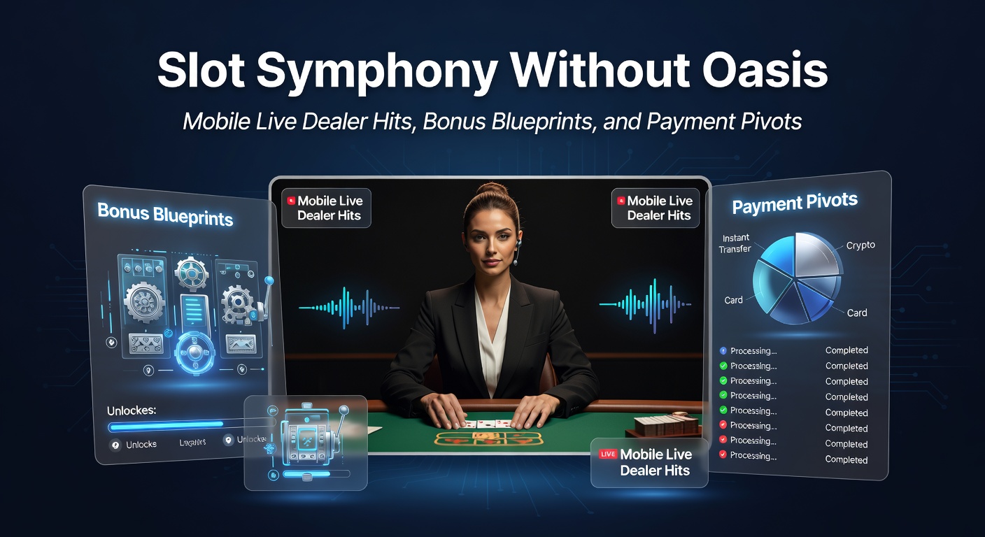 Grafik mit Slot-Walzen, Live-Dealer-Tisch und diversen Zahlungsmethoden-Icons, die eine symphonische Verbindung darstellen, ohne Oasis-Symbolik